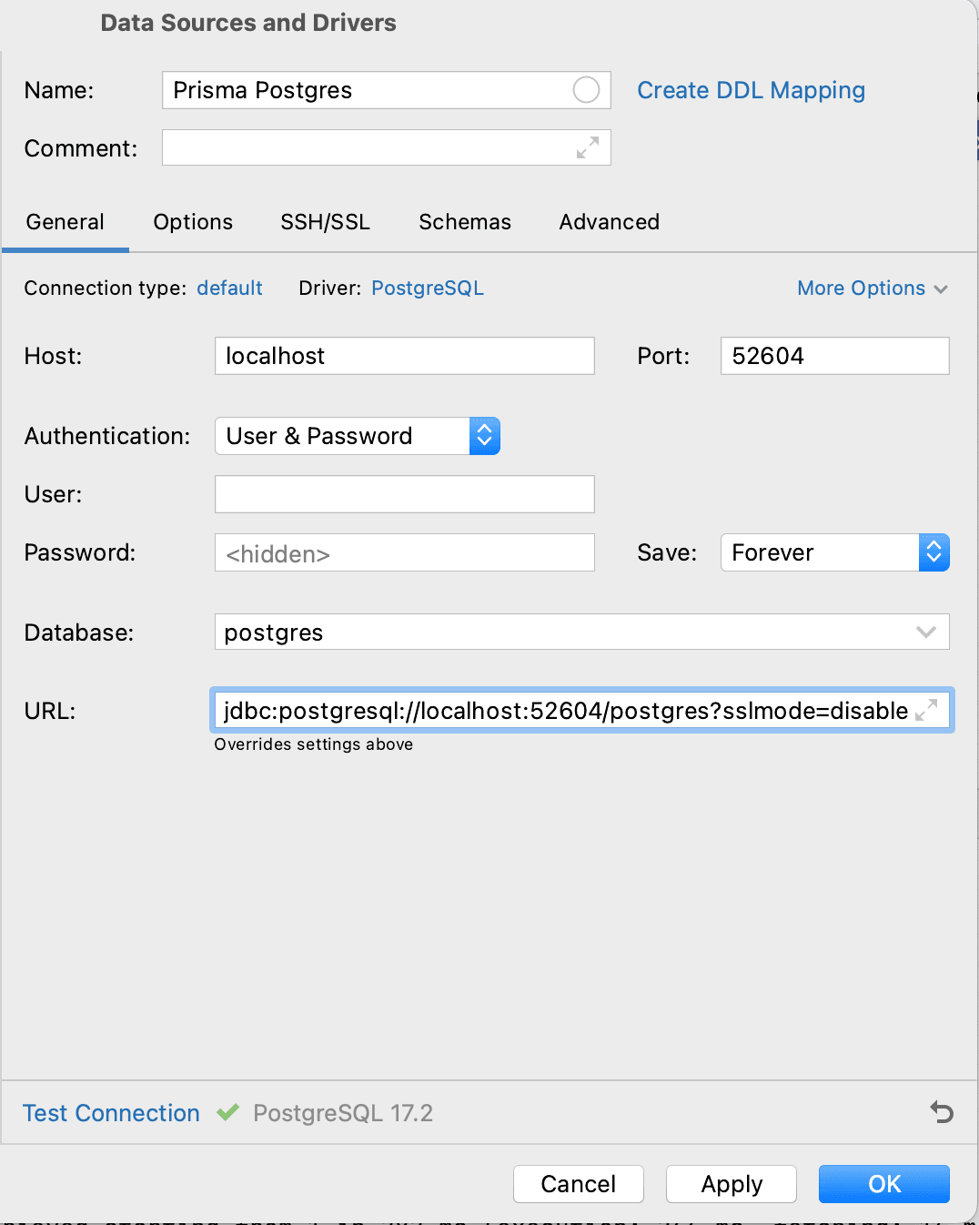 View of DataGrip connected to Prisma Postgres