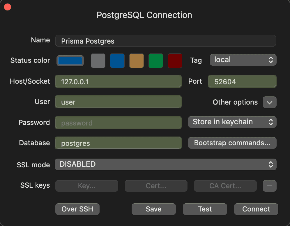 View of TablePlus connected to Prisma Postgres